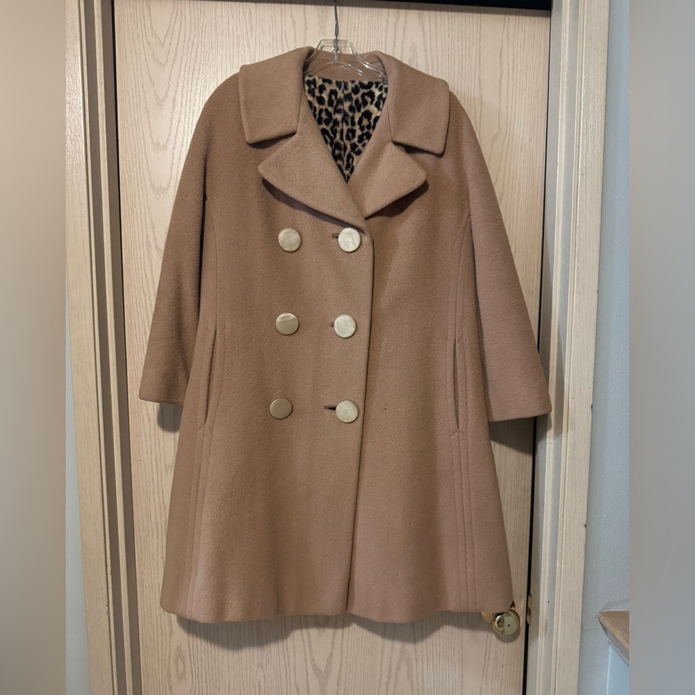 Vintage 1960s Camel Color Wool Swing Coat Leopard Print Lining ILGWU Union Made